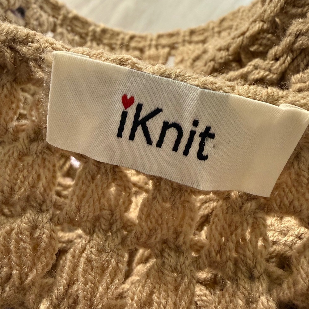 iKnit Women Tan Crochet Knit Cropped Sweater Striped Sleeve Boho Top 3869 NEW - Picture 3 of 9